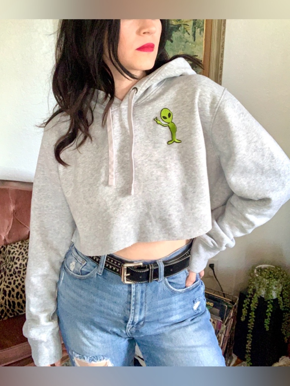 Goodfellow & Co Light Gray Cropped Hoodie with Green Alien Patch